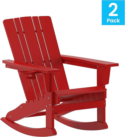 Flash Furniture Halifax Adirondack Rocking Chairs with Cup Holder, Weather Resistant Poly Resin Adirondack Rocking Chairs, Set of 2, Red