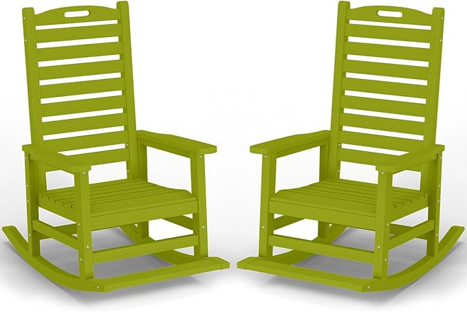 PLUUV Outdoor Rocking Chair Set of 2 with Removable Footboard for Adults, HDPE High Back Patio Rocking Chairs, 330lbs All Weather Porch Rocking Chairs for Outdoor & Indoor -Pistachio Green