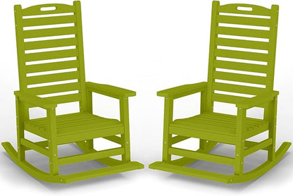 PLUUV Outdoor Rocking Chair Set of 2 with Removable Footboard for Adults, HDPE High Back Patio Rocking Chairs, 330lbs All Weather Porch Rocking Chairs for Outdoor & Indoor -Pistachio Green
