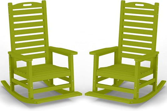 PLUUV Outdoor Rocking Chair Set of 2 with Removable Footboard for Adults, HDPE High Back Patio Rocking Chairs, 330lbs All Weather Porch Rocking Chairs for Outdoor & Indoor -Pistachio Green