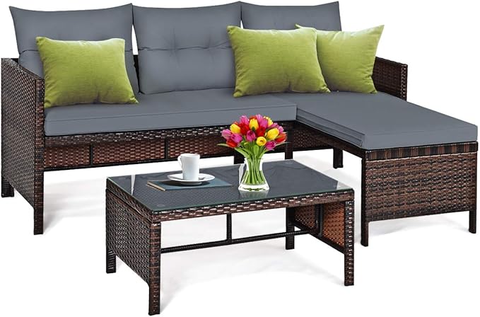 Tangkula Patio Corner Sofa Set 3 Piece, Outdoor Rattan Sofa Set, Includes Lounge Chaise, Loveseat & Coffee Table - Photo 1