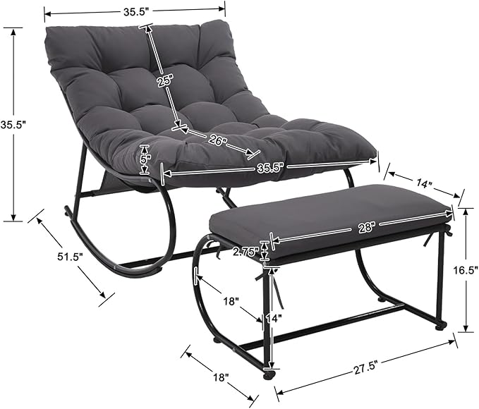 Upholstered Outdoor Rocking Chairs, Modern Patio Rocking Chair Set of 2 with Foot Rest, Sturdy Metal Papasan Rocking Chair, Cozy Rockings Recliner Chair for Bedroom/Living Room/Lawn, Gray