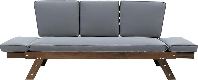 Merax Patio Sofa, Outdoor Adjustable Wooden Daybed, Chaise Lounge with Cushions, Gray