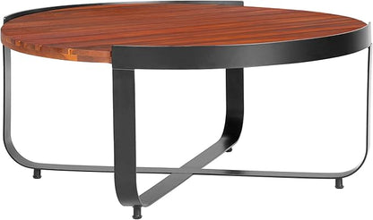 Merax Outdoor Coffee Table 31.5" Round Acacia Wood Tabletop with Metal Frame for Patio, Garden & Poolside, Modern Industrial Style