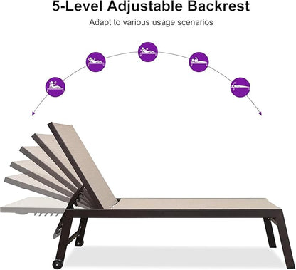 PURPLE LEAF Larger Patio Lounge Chairs Set of 3, Reclining Pool Lounge Chairs with Side Table and Wheels for All Weather for Outdoor, Deck, Aluminum Outside Pool, Beige