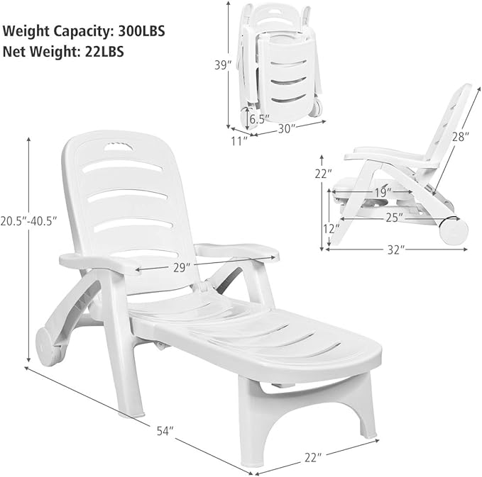 COSTWAY 2PCS Folding Chaise Lounge with Wheels, 5-Position Adjustable Recliner for Sunbathing, Seaside (White) - Photo 2