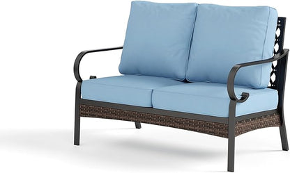 Metal Patio Furniture Loveseat with 5.75" Extra Thick Waterproof Cushion, 2-Seater Deep Seating & High-Back Black Outdoor Couch All Weather Outdoor Seating for Gazebo Porch, Blue