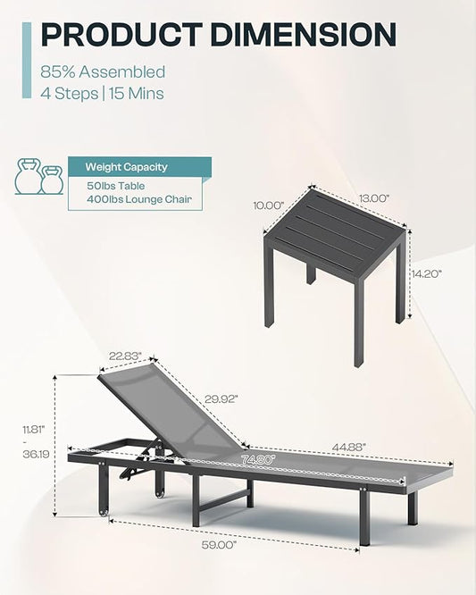 Aluminum Outdoor Lounge Chairs Set of 2, Pool Lounge Chairs with Wheels and 5-Position Recliner -Easy to Move- Patio Chaise Lounge Outdoor for Poolside, Deck, Beach (Darkgray)