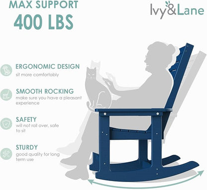 IVY&LANE Rocking-Chair-Outdoor | Porch-Rocker | Blue | HDPE Plastic | All-Weather | High Back | Wide Seat | Oversized Patio Rocker for Adult | for Outside Deck Balcony Garden