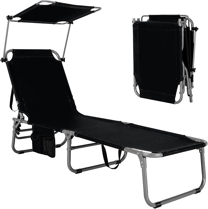 GYMAX Beach Chair with Canopy Shade, Folding Tanning Lounge with Adjustable Backrest, Carry Handle & Side Pocket - Photo 1