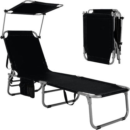 GYMAX Beach Chair with Canopy Shade, Folding Tanning Lounge with Adjustable Backrest, Carry Handle & Side Pocket, Sunbathing Chair for Outside, Patio, Poolside, Lawn (1, Black)