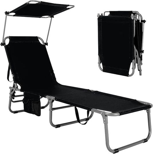 GYMAX Beach Chair with Canopy Shade, Folding Tanning Lounge with Adjustable Backrest, Carry Handle & Side Pocket, Sunbathing Chair for Outside, Patio, Poolside, Lawn (1, Black)
