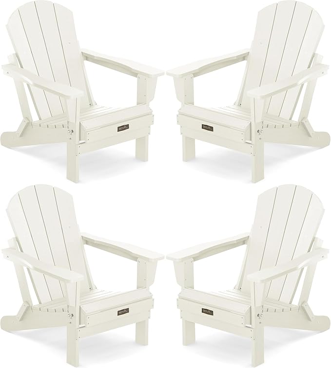 SERWALL Folding Adirondack Chair Set of 4, Weather Resistant HIPS Patio Chairs for Garden Outdoors Fire Pit - White