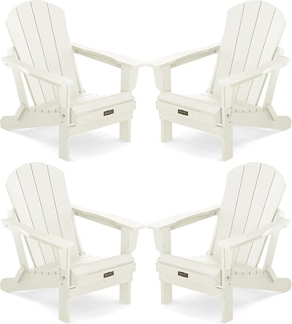 SERWALL Folding Adirondack Chair Set of 4, Weather Resistant HIPS Patio Chairs for Garden Outdoors Fire Pit - White