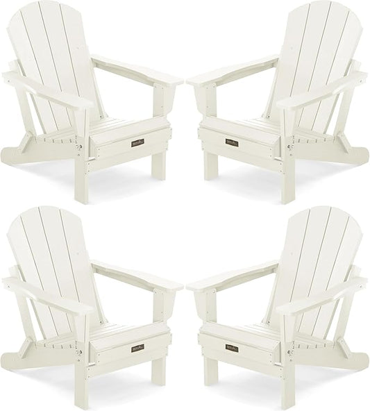 SERWALL Folding Adirondack Chair Set of 4, Weather Resistant HIPS Patio Chairs for Garden Outdoors Fire Pit - White
