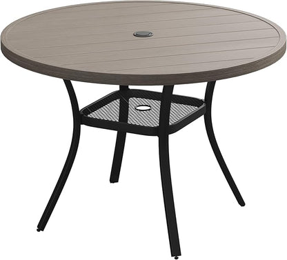 Patio Dining Table for 4, Round Metal Outdoor Table with Storage Shelf, 1.57" Umbrella Hole, 41" Outdoor Slat Tabletop Dining Table for Backyard, Porch, Lawn, Grey
