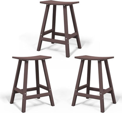 Costaelm All-Weather Bar Stools Set of 3, 24" Height Outdoor Bar Stools, Adirondack Poly Patio Bar Stool for Patio, Deck, Kitchen Counter and Garden, Dark Brown