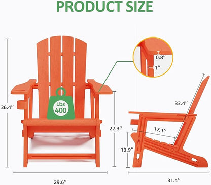 Adirondack Chair, Patio Chairs with Cup Holder, Plastic Adirondack Without Screws Install, Outdoor Funiture for Backyard Garden Lawn Beach, 400 LBS Capacity, Orange