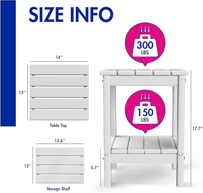 BRIOPAWS Outdoor-Side-Table | Small | HDPE Plastic | Patio End-Table | 2-Shelf Adirondack Outside Tables | All Weather | for Poolside Front Porch Indoor Living Room | 14" x 13" | White