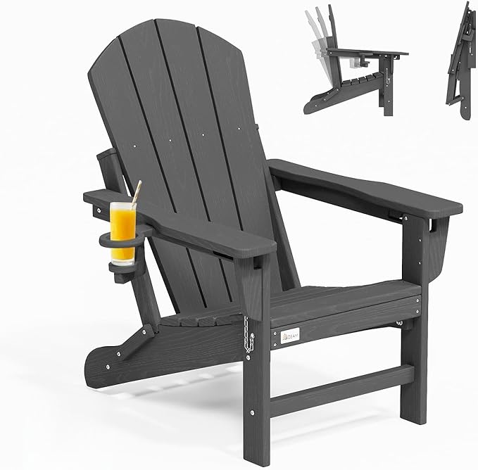 Mdeam 3-Level Adjustable Adirondack Chair, Wooden Textured, HDPE All-Weather Folding Fire Pit Chair with Cup Holder, Outdoor Chair for Poolside Deck Patio Garden Backyard Lawn Campfire - Grey