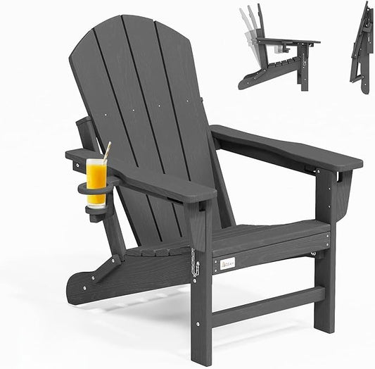Mdeam 3-Level Adjustable Adirondack Chair, Wooden Textured, HDPE All-Weather Folding Fire Pit Chair with Cup Holder, Outdoor Chair for Poolside Deck Patio Garden Backyard Lawn Campfire - Grey