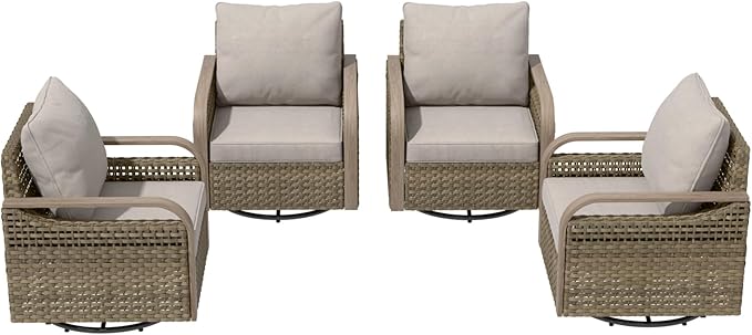 Modern Wicker Outdoor Swivel Rocking Chairs, Rattan Glider Rocker Chairs Patio Armchairs for Backyard, Deck, Porch, Garden, 4 Pieces, Brown/Gray