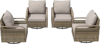 Modern Wicker Outdoor Swivel Rocking Chairs, Rattan Glider Rocker Chairs Patio Armchairs for Backyard, Deck, Porch, Garden, 4 Pieces, Brown/Gray