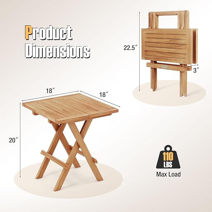 Tangkula Patio Folding Side Table, Teak Wood Square Patio Table with X-Shaped Legs & Slatted Tabletop, Portable & Compact Outdoor Indoor Use for Backyard, Deck, Lawn