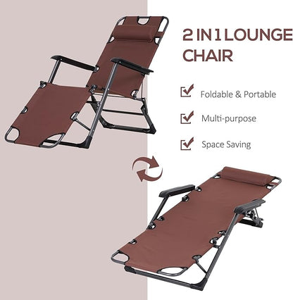 Outsunny Folding Chaise Lounge Chair for Outside, 2-in-1 Tanning Chair with Pillow & Pocket, Adjustable Pool Chair for Beach, Patio, Lawn, Deck, Brown