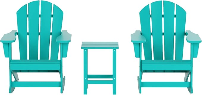 WO WESTIN OUTDOOR HDPE Laguna Outdoor Rocking Poly Adirondack Chair with Side Table 3-Piece Set, Turquoise
