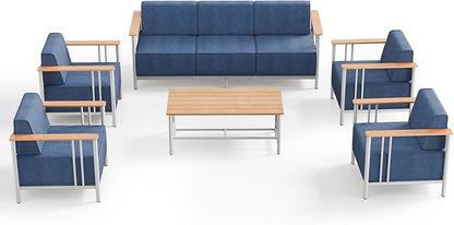 Patio Furniture Set of 6,with 10-inch Thick Cushion Outdoor Furniture Set,Patio Chair Set with Sofa,Wood Grain armrests,trapezoidal backrest,Indoor/Outdoor Balcony Seating,White | Blue