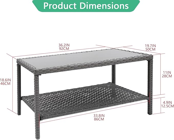 Helios&Hestia Rectangle All Weather Rattan Wicker Outdoor Coffee Side End Table with Glass Top for Patio, Deck, Backyard - Photo 2