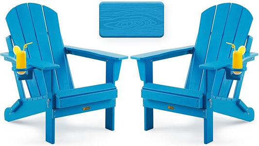 Folding Adirondack Chair, Patio Chair Wood Texture, Outdoor Chair Weather Resistant, Fire Pit Chair with Cup Holder, Composite Adirondack Chair Set of 2-(Pacific Blue)