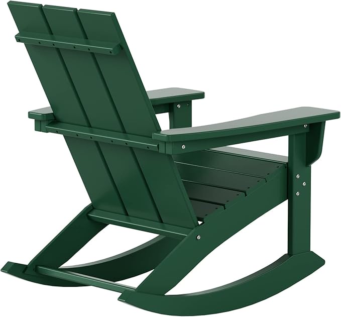 WestinTrends Ashore Patio Rocking Chairs Set of 2, All Weather Poly Lumber Plank Adirondack Rocker Chair, Modern Farmhouse Outdoor Rocking Chairs for Porch Garden Backyard and Indoor, Dark Green