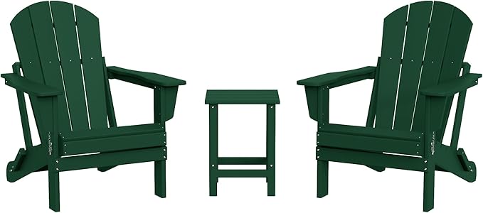 WestinTrends Malibu 3-Pieces Adirondack Chairs Set with Side Table, All Weather Outdoor Seating Plastic Patio Lawn Chair Folding for Outside Porch Deck Backyard, Dark Green