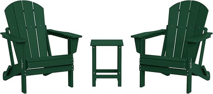 WestinTrends Malibu 3-Pieces Adirondack Chairs Set with Side Table, All Weather Outdoor Seating Plastic Patio Lawn Chair Folding for Outside Porch Deck Backyard, Dark Green