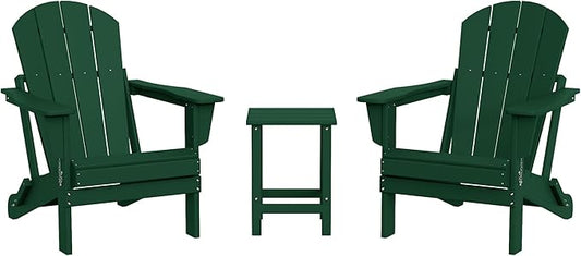 WestinTrends Malibu 3-Pieces Adirondack Chairs Set with Side Table, All Weather Outdoor Seating Plastic Patio Lawn Chair Folding for Outside Porch Deck Backyard, Dark Green