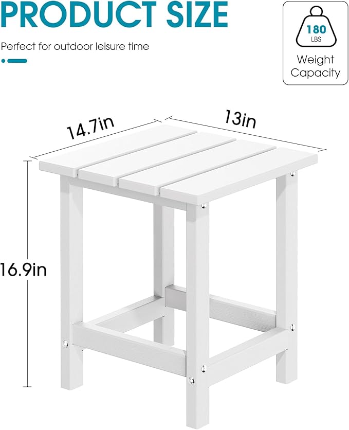 MUCHENGHY Adirondack Outdoor Side Table Set of 2, 14.7" Patio Side Table Weather Resistant, HDPE Outdoor End Tables for Patio, White