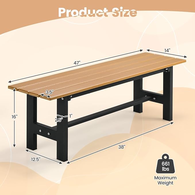 Tangkula 47 Inch HDPE Outdoor Bench Backless, Patio Garden Dining Bench with Slatted Seat & Heavy-duty Metal Frame, 660 LBS Capacity, Weatherproof Outside Bench for Park, Yard, Entryway & Porch, Brown