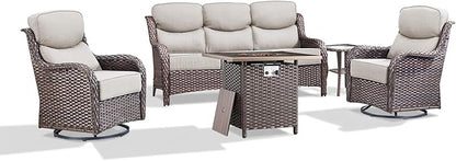 Luxury Patio Furniture Set with 6-inch Thick Cushion, Outdoor Furniture with Fire Pit Table, Swivel Chairs, Side Table, Sofa, 5pcs Wicker Conversation Set for Deck Yard and Poolside(Beige)