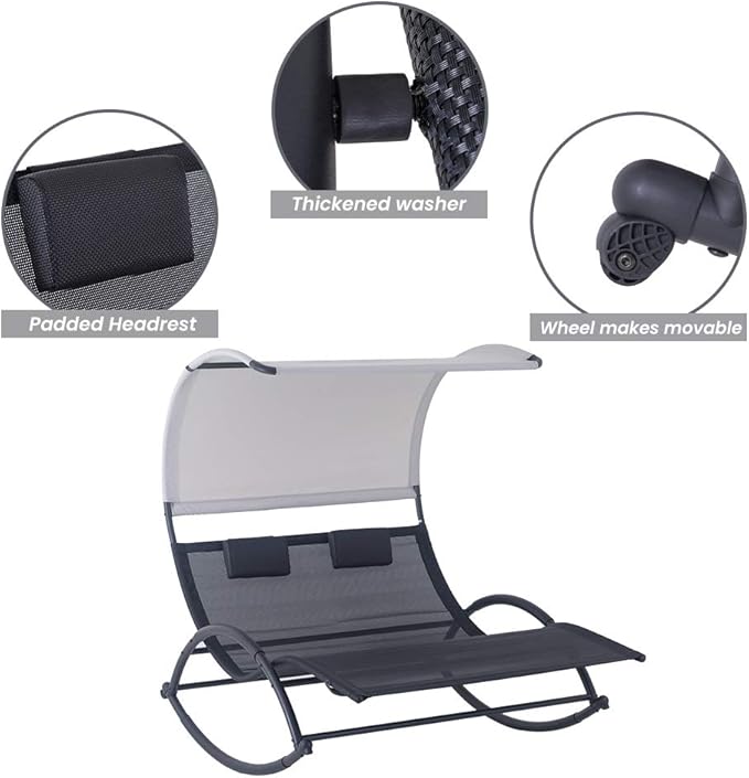 Crestlive Products Outdoor Double Chaise Lounge Chair Swing Rocking Portable Hammock Bed Loveseat with Sun Shade & Wheels for Patio, Yard, Pool (Black)