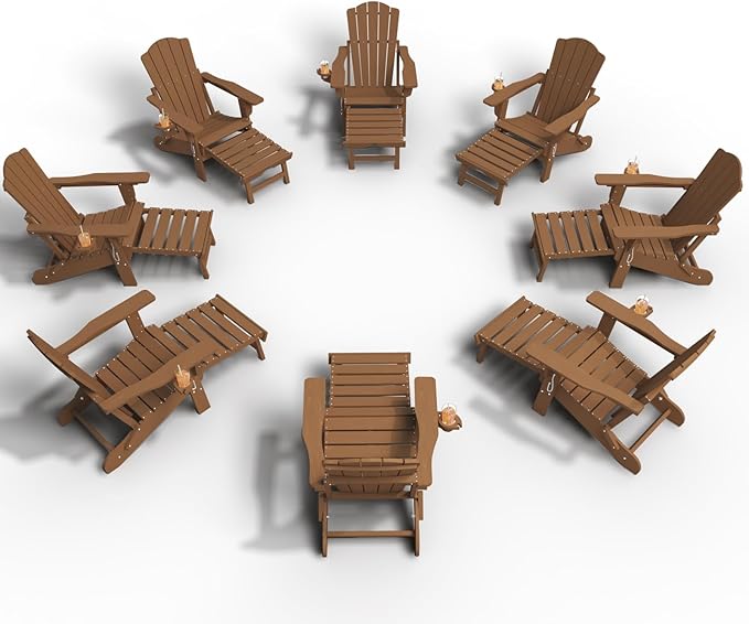 Adjustable Adirondack Chairs with Retractable Ottoman Set of 8, HDEP Folding Adirondack Chair with Footrest & Cup Holder, All Weather Fire Pit Chair for Outdoor,Wood