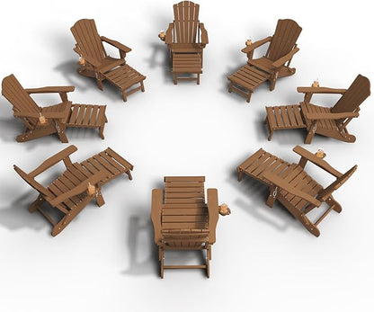 Adjustable Adirondack Chairs with Retractable Ottoman Set of 8, HDEP Folding Adirondack Chair with Footrest & Cup Holder, All Weather Fire Pit Chair for Outdoor,Wood