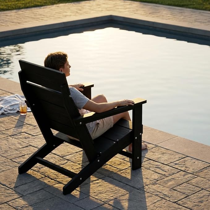 Adirondack Chair, Outdoor Patio Lawn Chairs, Outside HDPE Chairs with One-Piece Backrest for Lawn, Yard & Poolside, Black