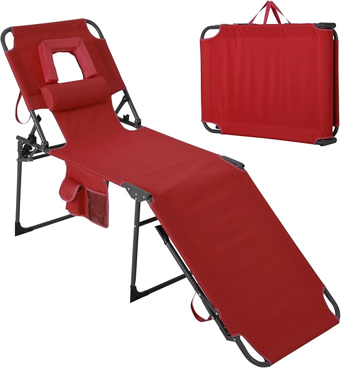 Tanning Chair with Face Hole Folding Beach Lounge Chair,5-Position Adjustable Backrest, Pillow & Side Pocket,Portable Face Down Chaise Lounge for Outdoor Backyard Poolside,Beach, Patio,Red