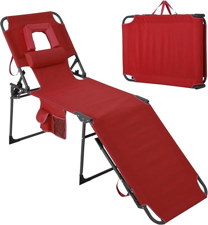 Tanning Chair with Face Hole Folding Beach Lounge Chair,5-Position Adjustable Backrest, Pillow & Side Pocket,Portable Face Down Chaise Lounge for Outdoor Backyard Poolside,Beach, Patio,Red