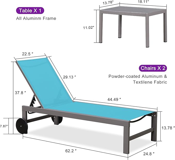 PURPLE LEAF Outdoor Lounge Chair Set for 2 Patio Chaise Lounger with Aluminum Frame and Wheels All-Weather Pool Lounge - Photo 3