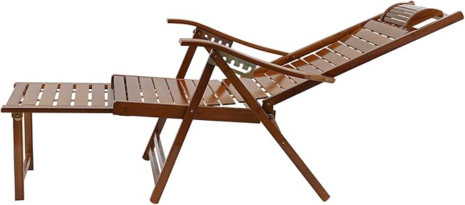 Foldable Bamboo Lounger Chair, Adjustable Back Patio Reclining Chair with Cushion & Massage Hammer, Foldable Outdoor Chaise Lounge Chair for Backyard Yard Pool Beach Load Capacity 440Lbs