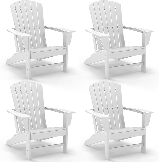 GREENVINES Adirondack Chairs Set of 4 | HDPE Plastic | Oversized Fire Pit Chair | All Weather | White | Poly Lumber | for Outdoor Deck Backyard Patio Garden