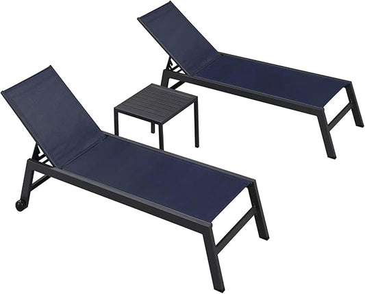 PURPLE LEAF Oversized Patio Chaise Lounge Set of 2 Extra Wide Reclining Outdoor Chair with 5 Adjustable and Wheels Durable Textilene for Backyard Poolside Sunbathing Navy Blue